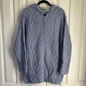 Aran Crafts Hooded Long Line Zip Front Merino Wool Sweater. Baby Blue. Size Lg